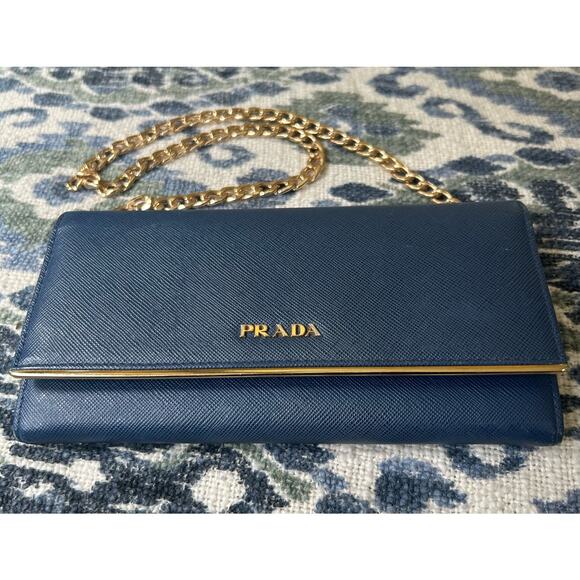 Authentic PRADA Saffiano Leather Metal Frame Continental Wallet in Blue w/COA - Picture 2 of 16